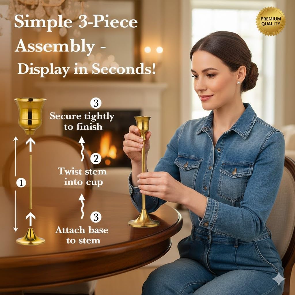 Gold Candlestick Holders Set of 6 – Decorative Taper Candle Holders for Home Decor, Weddings, Parties – Metal Candle Stands Brushed Finish – Easy Assembly – Fits Standard & LED Candles - Christmas