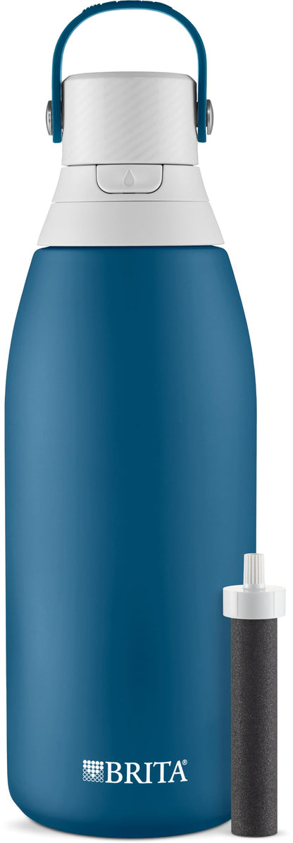 Brita Stainless Steel Premium Filtering Water Bottle, BPA-Free, Reusable, Insulated, Replaces 300 Plastic Water Bottles, Filter Lasts 2 Months or 40 Gallons, Includes 1 Filter, Marina - 32 oz