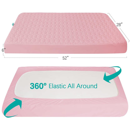 Skiennix Crib Mattress Protector Sheets - Waterproof Quilted Pad Cover for Baby & Toddler Beds | Grey & Pink, 52” x 28”