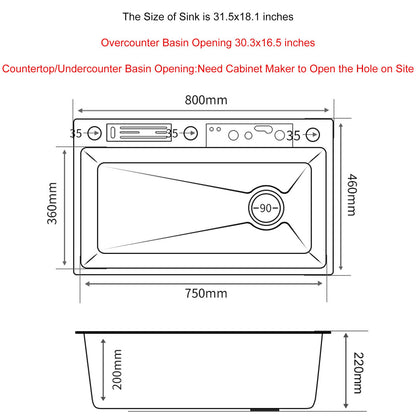 SDGRP Kitchen Sink 304 Stainless Steel Undermount Sink Drop in Single Bowl Kitchen Sinks, With Pull Down Sprayhead Faucet, With Pressurized Cup Washer and Two Waterfalls (31.5 x 18.1 inch)
