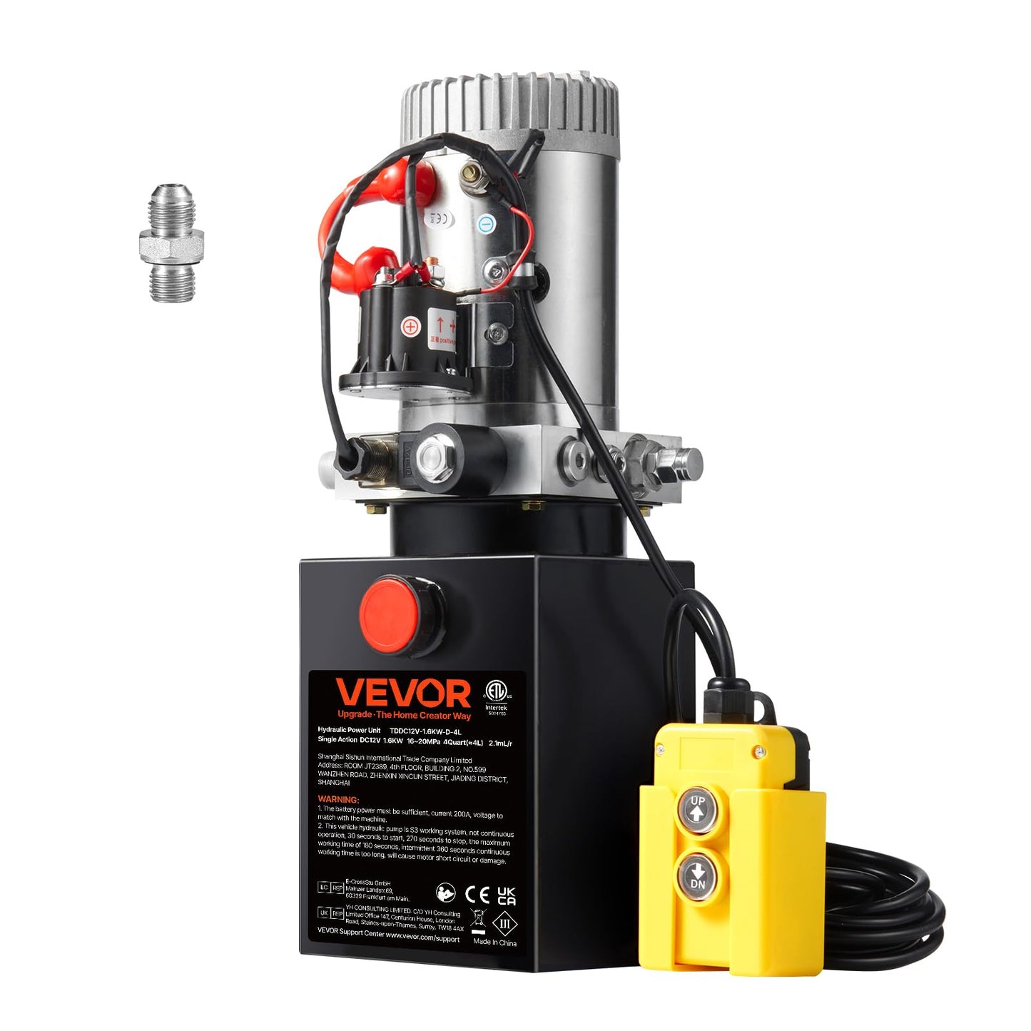 VEVOR Hydraulic Pump, 4 Quart Hydraulic Power Unit, Single Acting Dump Trailer Pump, 0.91 GPM Flow Rate, 3200 PSI Max Relief Pressure, DC 12V Hydraulic Pump for Dump Trailer Car Lifting