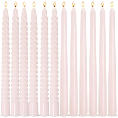 6 Pack Pale-Pink Smooth Taper Candles and 6 Pack Spiral Candles Set – 10 Inch Elegant Dripless Candlesticks for Weddings Dinners Parties and Home Décor