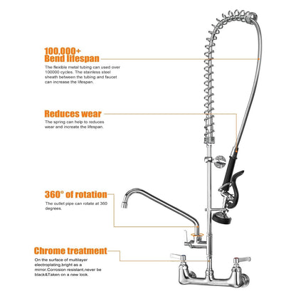 Commercial Sink Faucet with Sprayer for Kitchen: MSTJRY 47" Height Wall Mount Commercial Faucet with Sprayer Fit for 3 Compartment Sink - Polished Chrome 8" Center 12" Swing Spout Pre Rinse Assembly