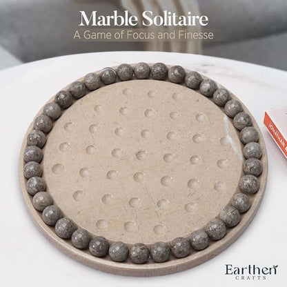 Marble Peg Solitaire Board Game 10 Inches Beige One Player Game Brain Teaser Puzzle with Oceanic Balls Tabletop Game for Family Only