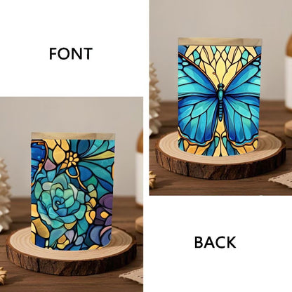 Stained Glass Butterfly Home Decoration Tea Light Candle Jar Candlesticks, LED Tealight Candleholder, Blue Flowers Tealight Candle Holders with Bamboo Lid for Table Centerpiece Party Decor