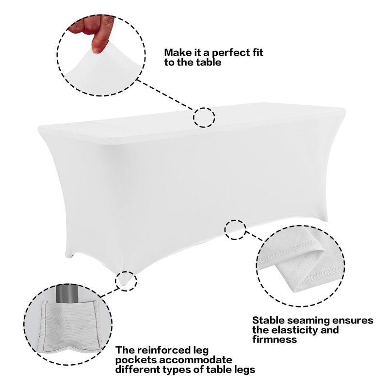 IVAPUPU 4FT Spring Table Cloth for Rectangular Fitted Events Stretch White Table Covers Washable Cover Spandex Tablecloth Protector for Party, Wedding, Cocktail, Banquet, Festival