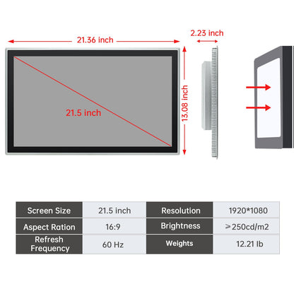 IRXSEE 21.5-Inch Industrial Embedded Panel PC, Ratio 16:9 Multi-Touchscreen-Monitor,Industrial Touch Screen Panel Computer,WiFi & Built-in Speakers,IP65 Front,Win 11 I7 RAM 8G+512G SSD