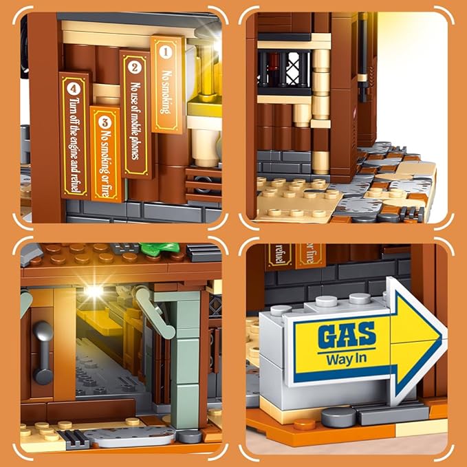 39118 Cowboy City Gas Station Building Blocks with LED Lights 1754 PCS Wild West Vintage Fuel Station Architecture Kit for Adults Western Street Scene Model
