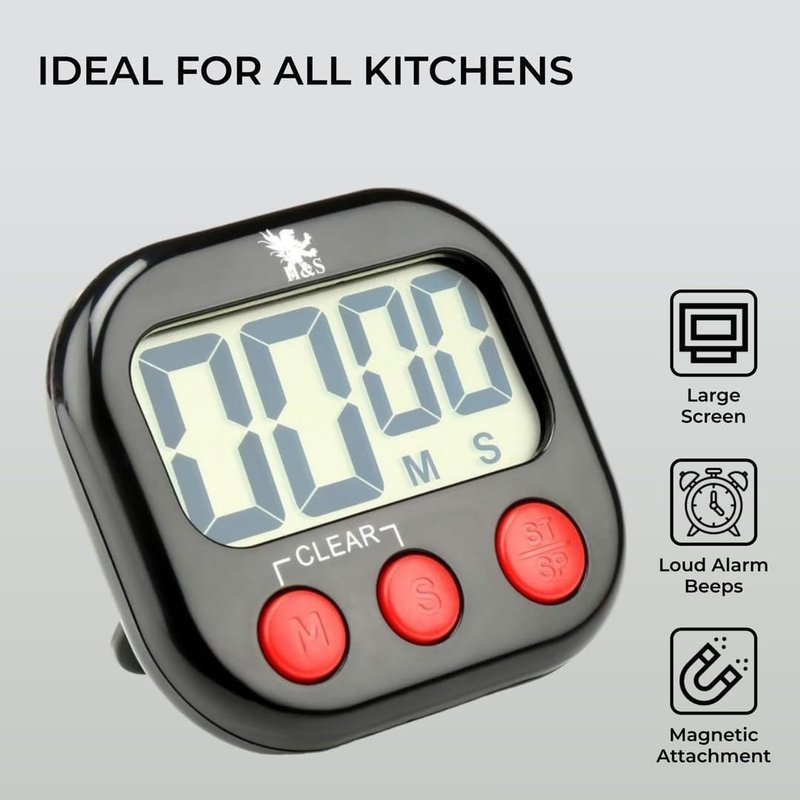 H&S Digital Kitchen Timer - Magnetic Cooking Timer with Large LCD Digits Display & Loud Alarm - Black - Countdown Clock for Kids Classroom - AAA Battery Included - Kitchen Timers for Cooking