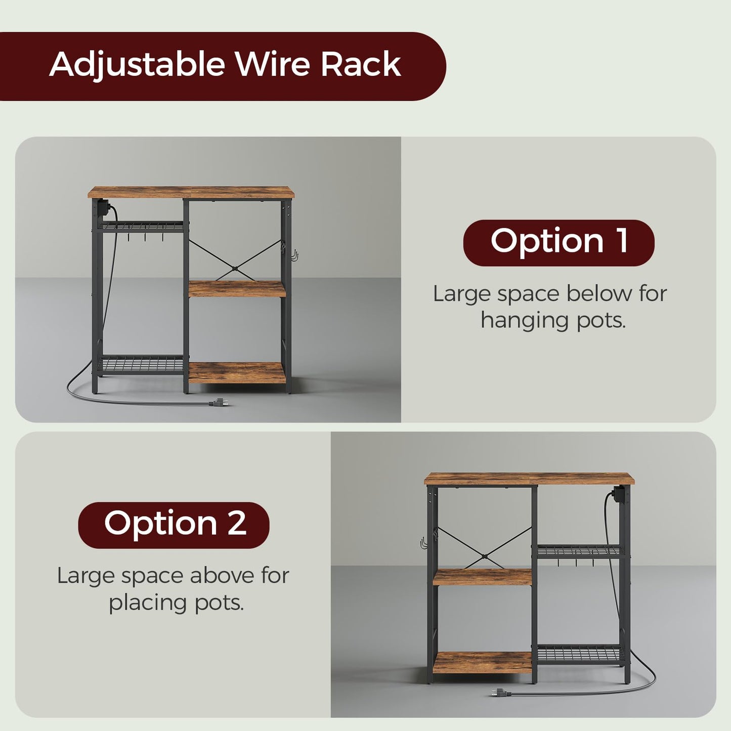 MAHANCRIS Bakers Rack with Power Outlet, Microwave Stand with Adjustable Mesh Rack, Coffee Bar Station, Kitchen Storage Racks with 6 S Hooks, for Kitchen, Dining Room, Rustic Brown and Black BRHR80E01