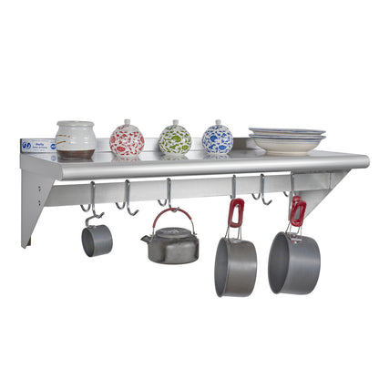 Hally Stainless Steel Shelf with 6 Hooks 12" x 36" Wall Mounted Pot Rack, NSF Commercial Floating Shelving for Storage Hanging Pots, Pans, cookware in Restaurant, Kitchen, Home and Hotel