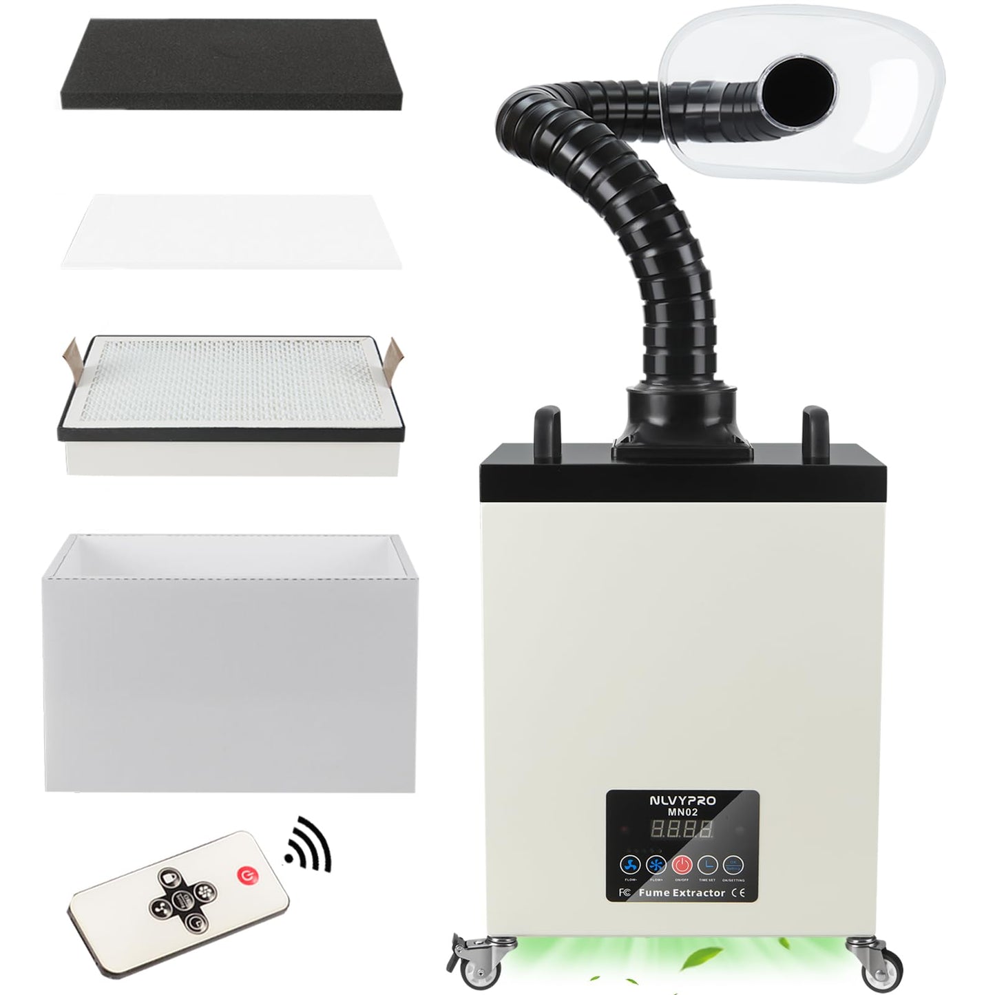NLVYPRO MN02 Fume Extractor, 200W 300m³/h / 177 CFM, 4-Layer Filter, LED Display, Remote Control, Filter Change Reminder, 2.5" Hose, Wheels, 5 Extra Filters for Laser Engraver, Soldering