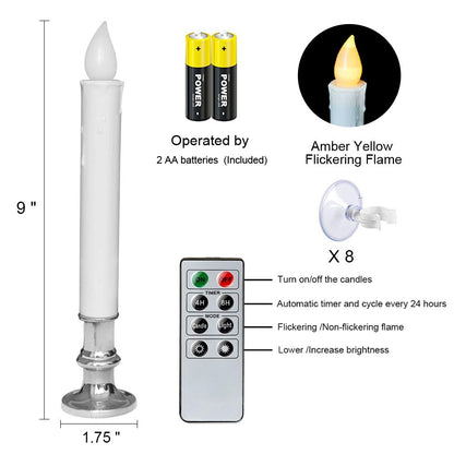 DRomance 9" Flameless Window Taper Candles Battery Operated with 8-Key Remote and Timer, 8 Pack White Christmas Holdiay Window Candles with Silver Holders, Suction Cups and AA Batteries Included