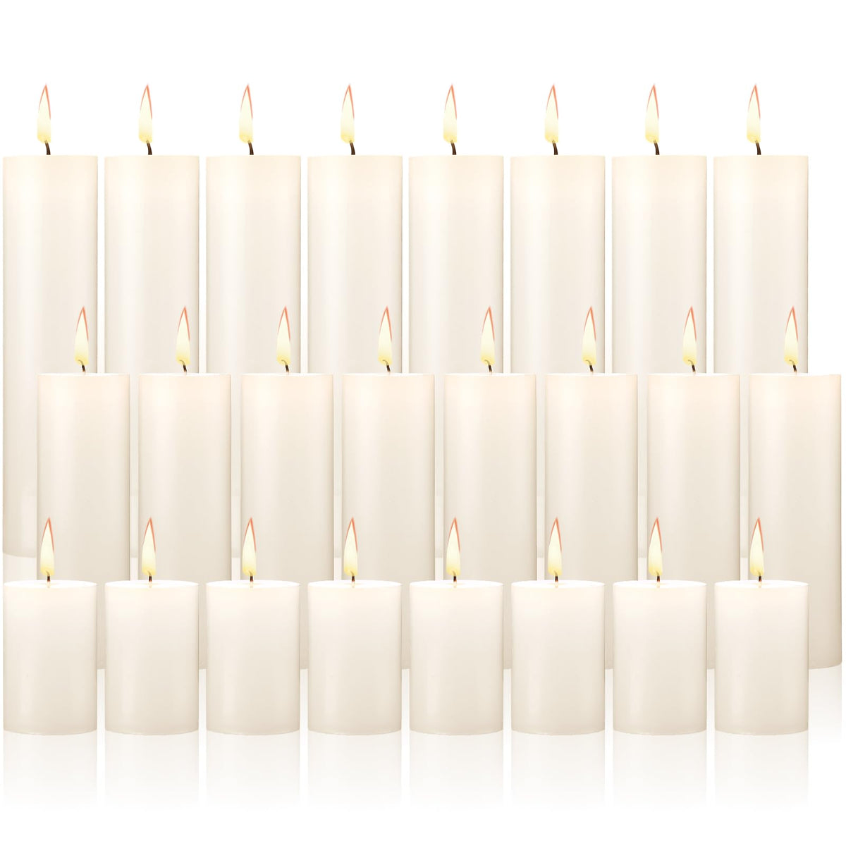 Nuogo 24 Pcs Ivory Pillar Candles Bulk Set of 3 Long Burning Wax Pillar Candles 2 in x 3, 6, 8 Inch Dripless Unscented Smokeless for Wedding Party Spa Lantern Fireplace Home