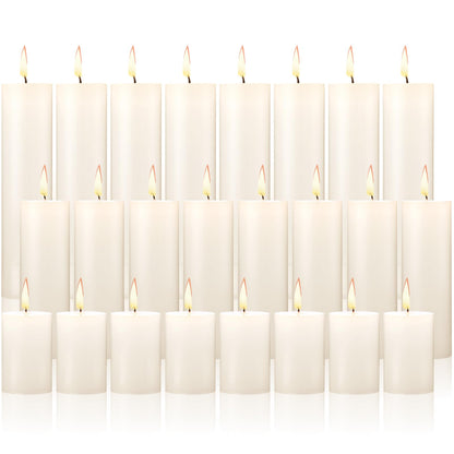 Nuogo 24 Pcs Ivory Pillar Candles Bulk Set of 3 Long Burning Wax Pillar Candles 2 in x 3, 6, 8 Inch Dripless Unscented Smokeless for Wedding Party Spa Lantern Fireplace Home