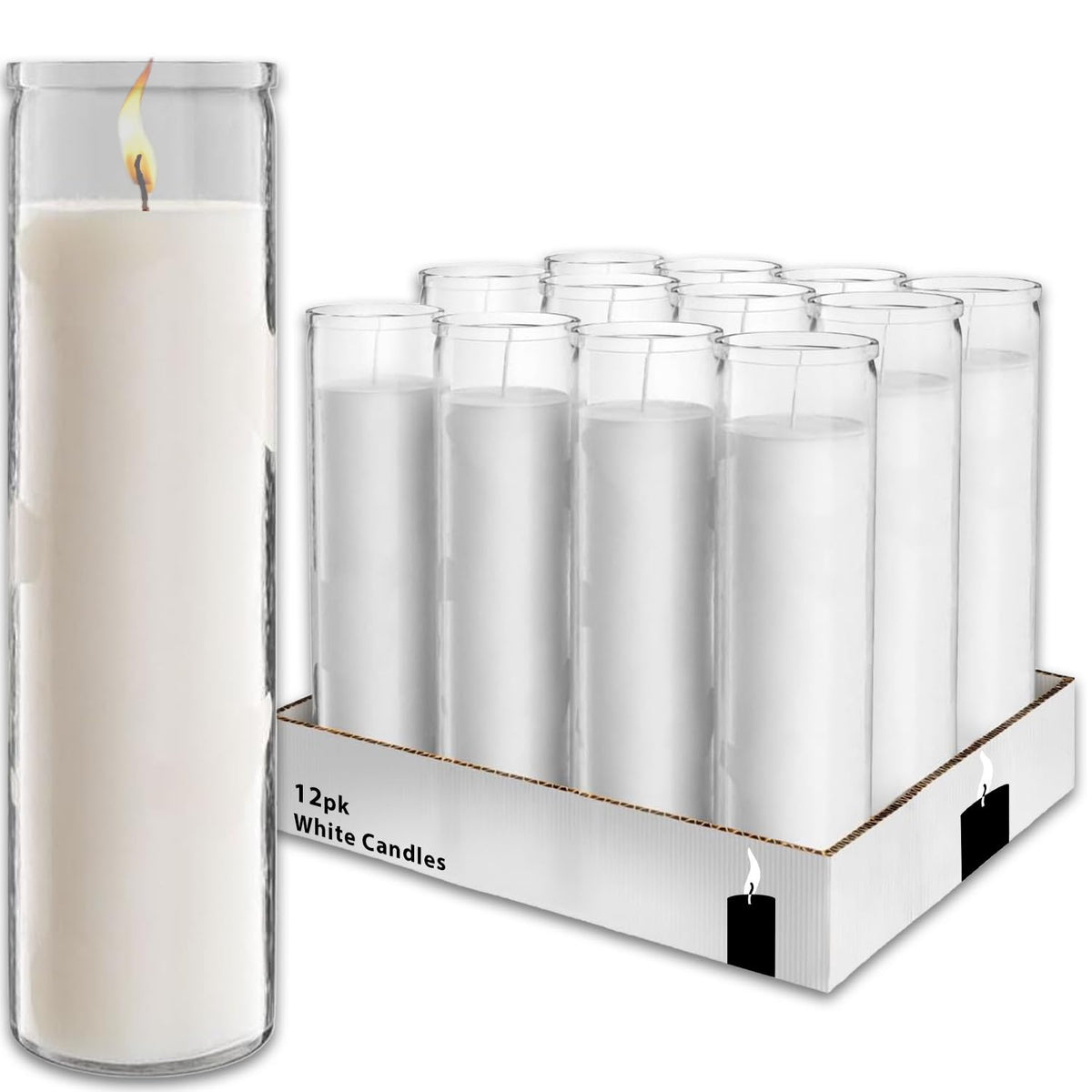 Generic White 8" Prayer Glass Candles - 12 Pack Devotional Candles for Vigils, Prayers, Blessings, Ceremonies | Bulk White Candles in Glass