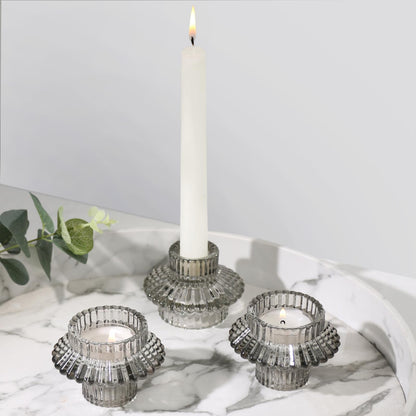 CHOCSTAY Reversible Candlestick Holders Set of 3, Gray Glass Taper and Tealight Candle Holders for Table Centerpiece, Wedding, Party, Home Decor