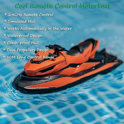 Miracland 2.4GHz Remote Control Jet Ski High Speed RC Motorboat Water Toy with Dual Propellers 2 Speed Levels 50 Meters Control Range (Blue)