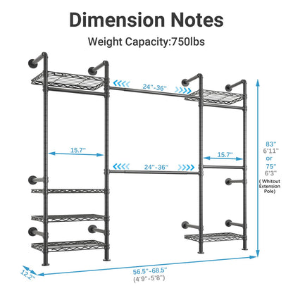Timate F3 Medium Wall Mounted Clothes rack Expandable Closet, Industrial Pipe Clothing Rack for Hanging Clothes, Heavy Duty Clothes Rack with Shelves, Garment Rack Wall Closet System Black Pipe Closet