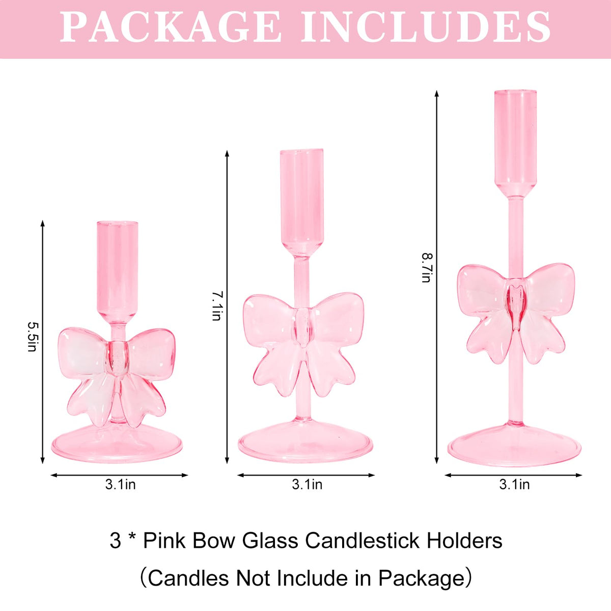 JarThenaAMCS 3Pcs Valentine's Day Glass Pink Bow Candle Holder Coquette Candle Stick Holder Stand for Home Room Party Dining Table Centerpiece Baby Shower Girls Birthday Decorations