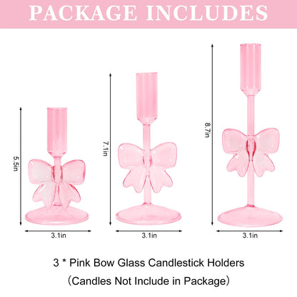 JarThenaAMCS 3Pcs Valentine's Day Glass Pink Bow Candle Holder Coquette Candle Stick Holder Stand for Home Room Party Dining Table Centerpiece Baby Shower Girls Birthday Decorations
