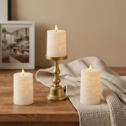 Raycare Flameless Candles with Remote Timer, Flickering Battery Operated LED Pillar Fake Candle with String Lights for Home Decor, Christmas, Wedding and Gift, White, Set of 3