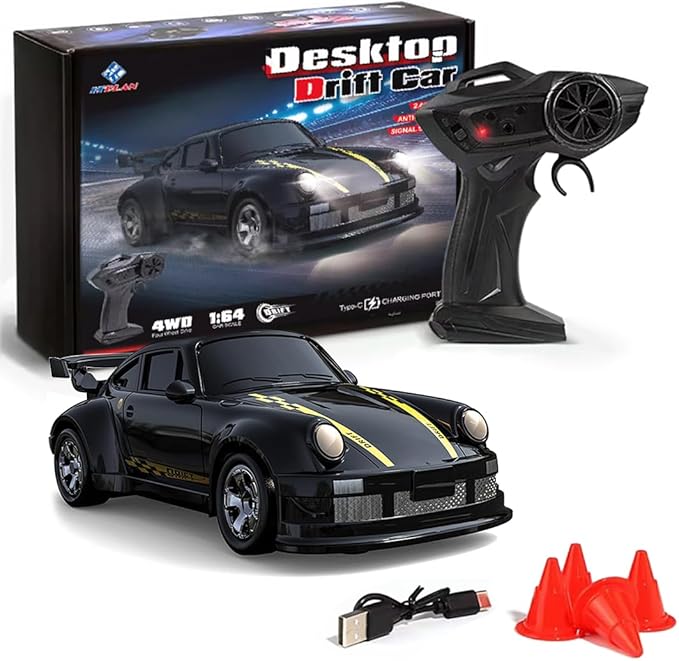 1/64 Scale 2.4G High Speed Drift RC Car Remote Control Drift 4WD Mini Lights System Desktop Drift Car for Adults (Black)