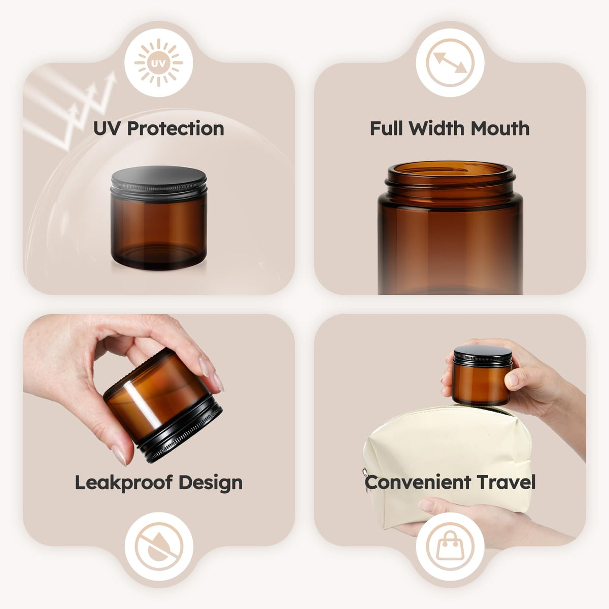 2 oz Glass Jars with Metal Lids, 36 Pack Amber Small Glass Jars with Black Lids Leakproof Round Airtight Empty Cosmetic Travel Containers with Inner Liners For Lotions Powders and Candle Making