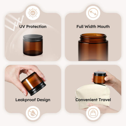 2 oz Glass Jars with Metal Lids, 36 Pack Amber Small Glass Jars with Black Lids Leakproof Round Airtight Empty Cosmetic Travel Containers with Inner Liners For Lotions Powders and Candle Making