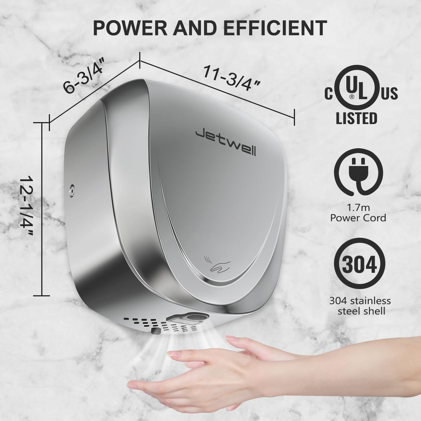 JETWELL 2Pack UL Approved Power Commercial Hand Dryer, HEPA Filter High Speed Automatic Warm Wind Stainless Steel Cover AC110V-130V
