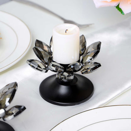 1 PC Black Crystal Flower Tea Light Holder, Glass Tealight Candlestick with Metal Base, Votive Candle for Table Centerpiece, Wedding/Parties Decor, Nice Gift