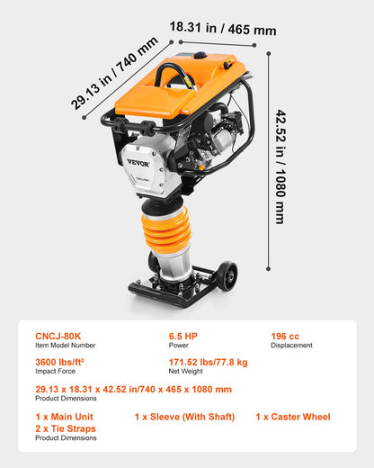 VEVOR Jumping Jack Compactor, 6.5 HP Vibratory Rammer Fuel-Powered 196 cc Engine Tamper, 3600 lbs Impact Force, 26" Max Compaction Depth, Four-Spring, for Soil, Gravel, Concrete Slabs, Foundations