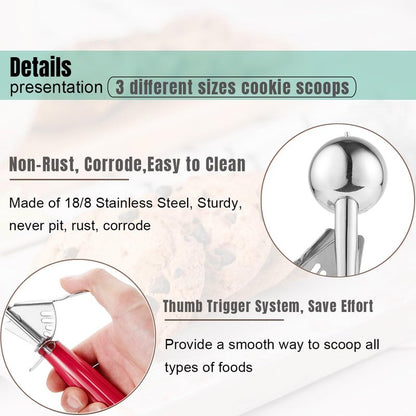 Saebye Cookie Scoop Set, Ice Cream Scoop Set, Cookie Scoops for Baking, Multiple Size Large-Medium-Small Size Disher, Professional 18/8 Stainless Steel Cupcake Scoop
