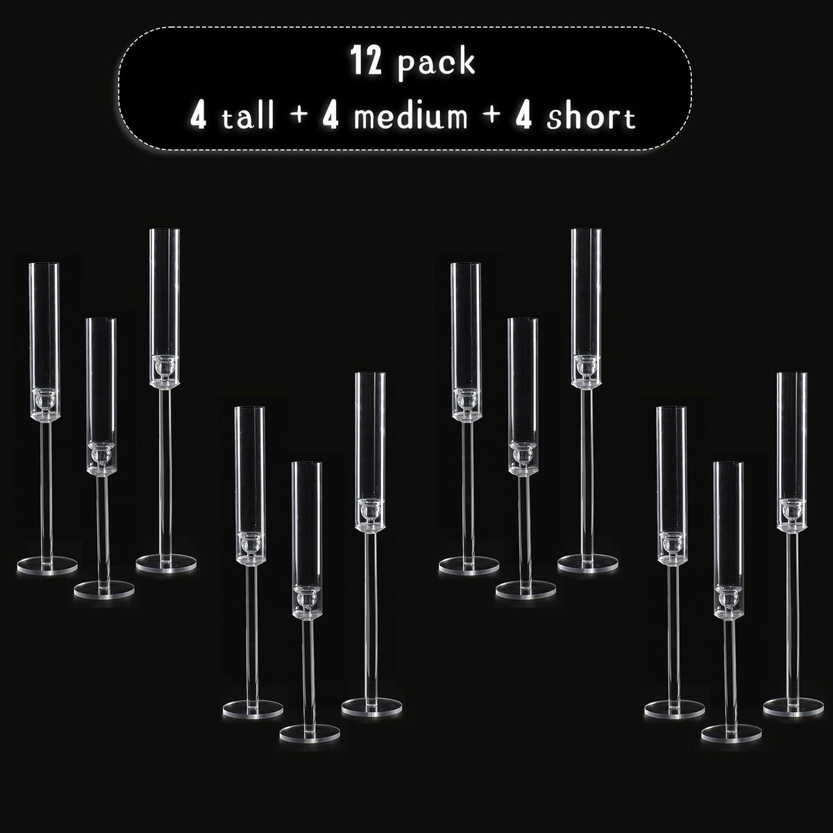 Vincidern 12pcs Clear Taper Candle Holder Centerpieces for Tables, Acrylic Candlestick Holder for Table, Long Candle Stick Candle Stand for Wedding Party Holiday, Event Decor