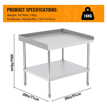 36"x28"x30" Stainless Steel Grill Stand Table, NSF Certified, 400 lbs Capacity, Adjustable Legs, 3-Sided 2" Edge Baffle for Kitchen, Restaurant, Hotel