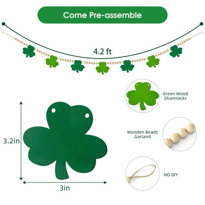 St Patricks Day Decorations St Patricks Day Decor Pre-Assembled Irish Wooden Beads Shamrock Garland Decorations for Mantel Wall Decor March Celebration Home Party Birthday