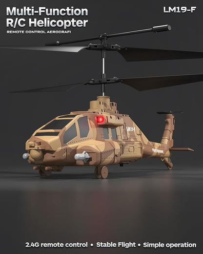 RC Helicopter with Missiles 2.4GHz Remote Control Army Helicopter for Beginners &amp Adults Military Helicopter LED Lights Altitude Hold One-Key Take Off Gift for Military Fans (Brown)