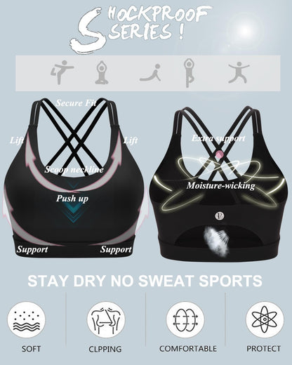 RUNNING GIRL Sports Bras for Women,Strappy Back Workout Bras Padded Supportive Black Sports Bra Plue Size(WX2354 Black,L)