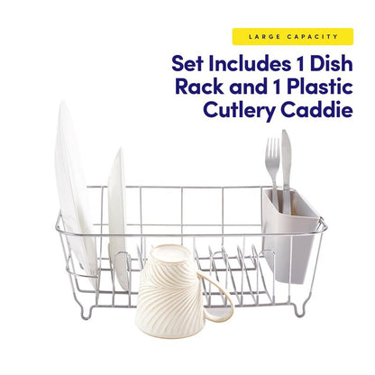 Dish Drying Rack & Cutlery Holder 2 Piece Set - Compact Sink-Fitting Dish Drainer with Rubberized Undercoating, Space-Saving Kitchen Organizer for Plates, Cups, Bowls & Utensils in Sink, Silver