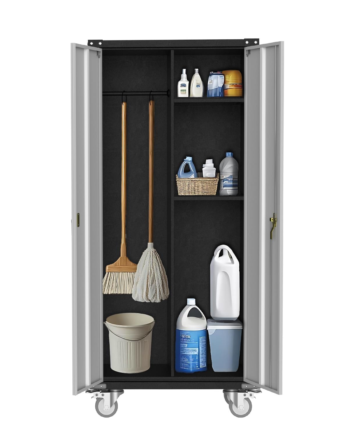 ExploreHorizon 71" H Rolling Tool Cabinet - Metal Locker Storage Cabinet with Wheels, Heavy-Duty Lockable Office Garage Cabinets Utility with 2 Doors and Hanging Rod, Adjustable Feet