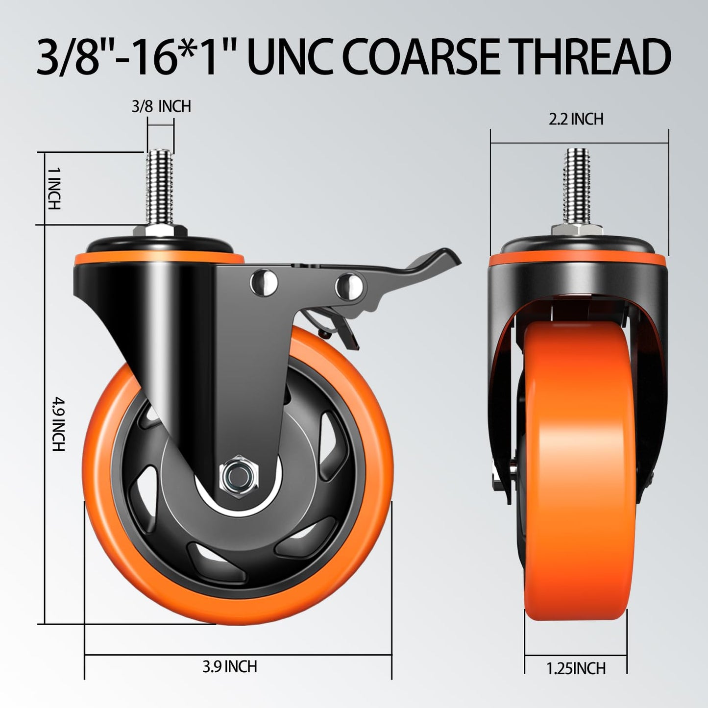 4 inch Stem Caster Wheels 2000lbs, Threaded Stem Casters Set of 4 Heavy Duty,3/8"-16 x 1(Stem Diameter 3/8", Length 1"), Safety Dual Locking Caster, Industrial Castor Wheels for Cart,Furniture