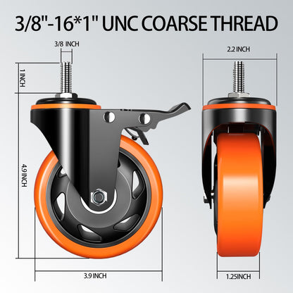 4 inch Stem Caster Wheels 2000lbs, Threaded Stem Casters Set of 4 Heavy Duty,3/8"-16 x 1(Stem Diameter 3/8", Length 1"), Safety Dual Locking Caster, Industrial Castor Wheels for Cart,Furniture