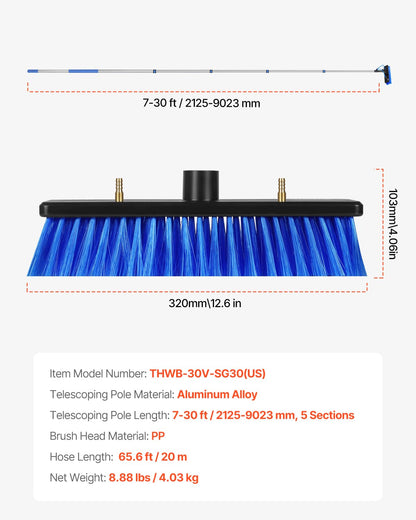VEVOR Water Fed Pole Kit, 30FT Solar Panel Cleaning Pole with Extendable Handle, 180° Rotatable Brush Head & 65.6FT Hose, Household & Outdoor Window Cleaner Tool for Caravan Solar Panel Deck