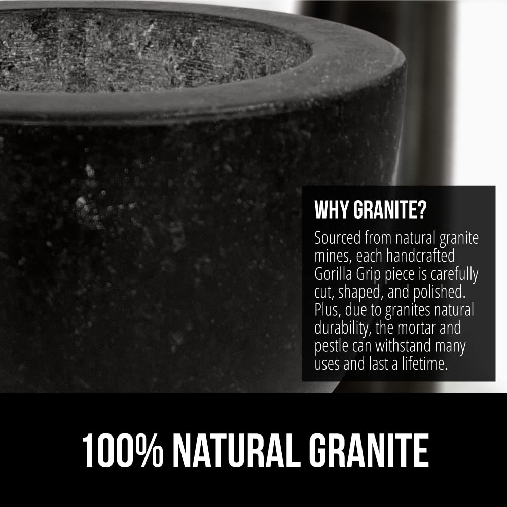 GORILLA GRIP Heavy Duty Mortar and Pestle Set with Slip Resistant Base, 100% Granite Stone Molcajete Guacamole Bowl, Grind Seeds Spices, Crush Garlic, Kitchen Muddler for Fresh Herbs, 1.5 Cup, Black
