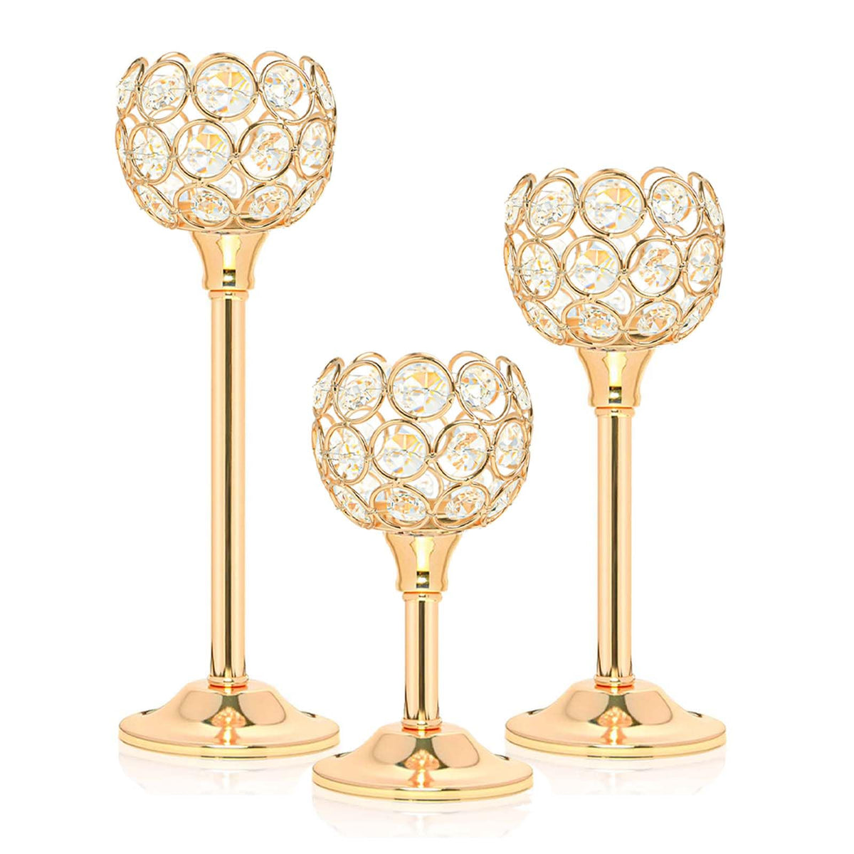Kehail Crystal Metal Tealight Candlestick, Bling Bowl Candelabras, Tall Crystal Votive Candle Holders Elegant Crystal Candle Centerpiece for Dining Table Wedding Decor (Set of 3, Gold)