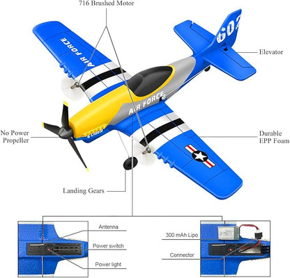HAWK'S WORK 3 Channel RC Plane P-51D Mustang Remote Control Airplane Ready to Fly 2.4GHz 6-axis Gyro Stabilizer Easy to Fly for Kids &amp Beginners
