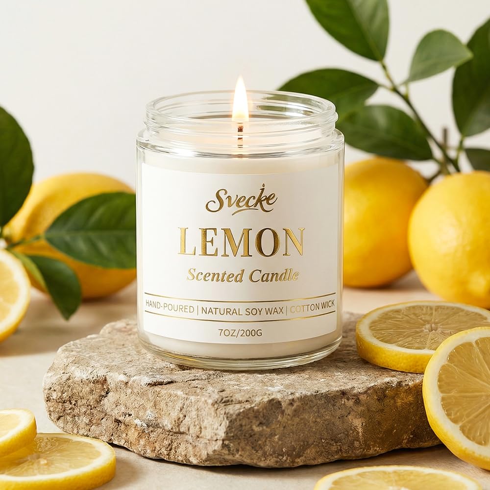 SVECKE Lemon Scented Candle 7oz Soy Wax Jar Candle Long Burning Aromatherapy Candle for Home Bedroom Gift for Women Men Housewarming New Home Gift