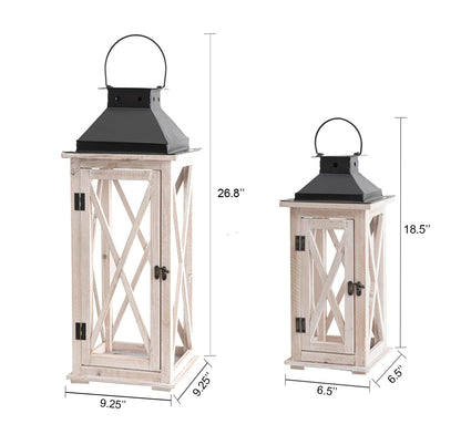 TIMRIS Large Wooden Candle Lanterns Decorative Set of 2, Rustic Farmhouse Whitewash Floor Lanterns, Indoor/Outdoor Hanging Lanterns for Home Decor (No Glass)