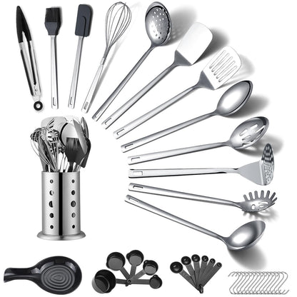 Stainless Steel Kitchen Utensils Set 40 Pieces, Cooking Utensil Set with Utensils Holder, Kitchen Gadgets Kitchen Essentials New Home, House, Appartment Must Have, Metal Spatula Set
