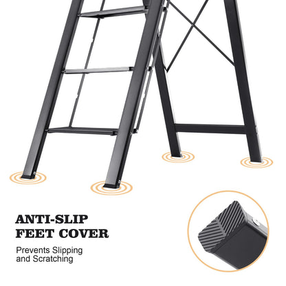 KINGRACK Aluminium 5 Step Ladder, Lightweight Step Stool with Non-Slip Pedals, Handrail, Folding Step Ladder for Kitchen, Garage, Home, Space Saving, Sturdy and Portable, Black
